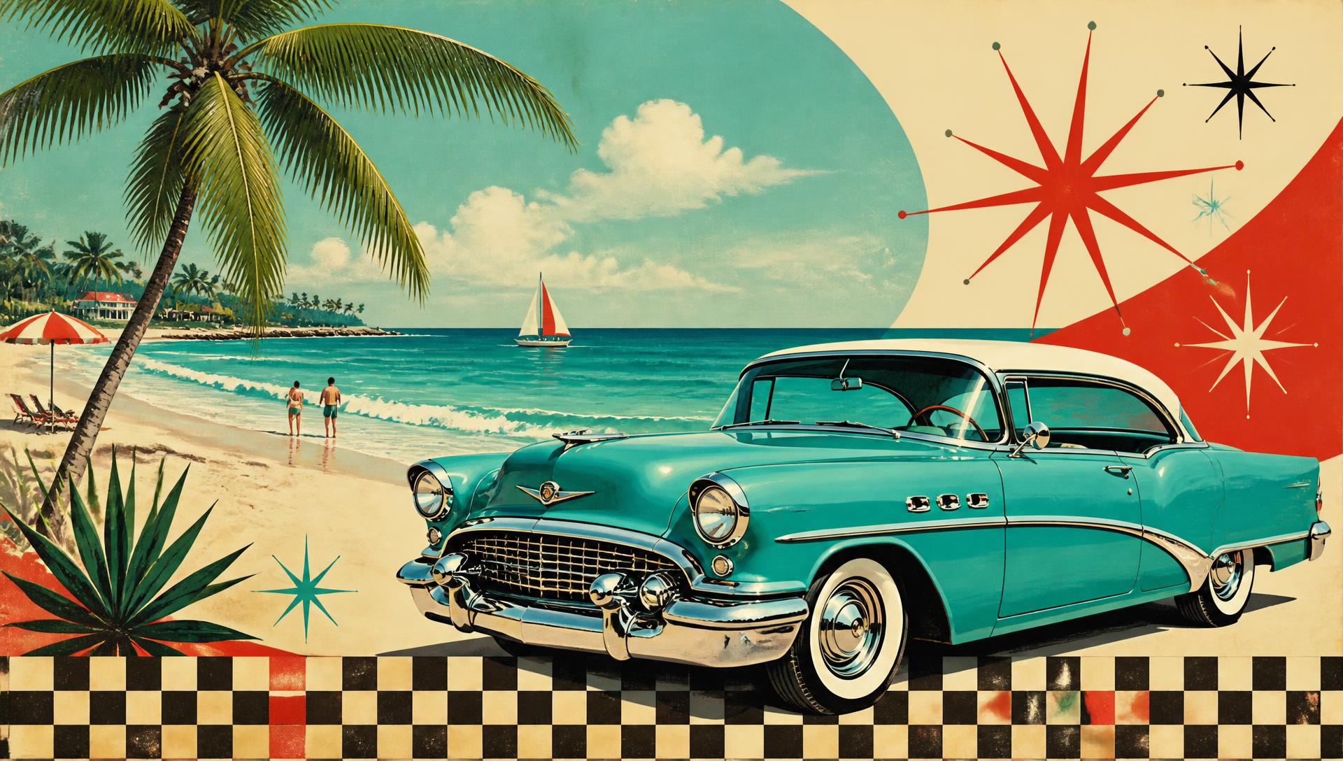 Retro Gulf Coast beach scene with a classic turquoise car and palm trees